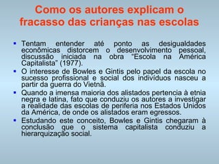 Como os autores explicam o fracasso das crianças nas escolas Tentam entender até ponto as desigualdades econômicas distorcem o desenvolvimento pessoal, discussão iniciada na obra “Escola na América Capitalista” (1977). O interesse de Bowles e Gintis pelo papel da escola no sucesso profissional e social dos indivíduos nasceu a partir da guerra do Vietnã. Quando a imensa maioria dos alistados pertencia à etnia negra e latina, fato que conduziu os autores a investigar a realidade das escolas de periferia nos Estados Unidos da América, de onde os alistados eram egressos. Estudando este conceito, Bowles e Gintis chegaram à conclusão que o sistema capitalista conduziu a hierarquização social. 