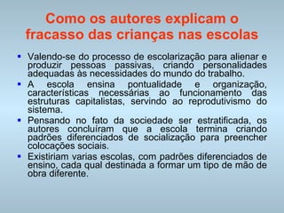 Como os autores explicam o fracasso das crianças nas escolas Valendo-se do processo de escolarização para alienar e produzir pessoas passivas, criando personalidades adequadas às necessidades do mundo do trabalho. A escola ensina pontualidade e organização, características necessárias ao funcionamento das estruturas capitalistas, servindo ao reprodutivismo do sistema. Pensando no fato da sociedade ser estratificada, os autores concluíram que a escola termina criando padrões diferenciados de socialização para preencher colocações sociais. Existiriam varias escolas, com padrões diferenciados de ensino, cada qual destinada a formar um tipo de mão de obra diferente. 