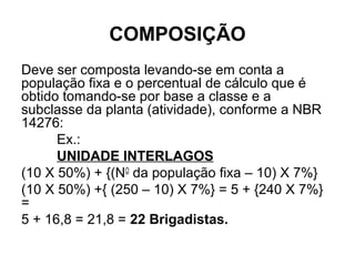 COMPOSIÇÃO
Deve ser composta levando-se em conta a
população fixa e o percentual de cálculo que é
obtido tomando-se por base a classe e a
subclasse da planta (atividade), conforme a NBR
14276:
      Ex.:
      UNIDADE INTERLAGOS
(10 X 50%) + {(NO da população fixa – 10) X 7%}
(10 X 50%) +{ (250 – 10) X 7%} = 5 + {240 X 7%}
=
5 + 16,8 = 21,8 = 22 Brigadistas.
 
