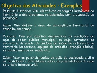 Objetivo das Atividades - Exemplos

Pesquisa histórica: Visa identificar as origens históricas do
território e dos problemas relacionados com a ocupação da
população.
Mapa: Visa definir a área de abrangência territorial do
trabalho em campo.

Pesquisa: Tem por objetivo diagnosticar as condições de
ação do poder público municipal, ou seja, estrutura da
secretária de saúde, da unidade de saúde de referência no
território (cobertura, equipes de trabalho, atenção básica),
estabelecimentos de saúde etc.
Identificar as potencialidades de ação da sociedade civil e
as facilidades e dificuldades sobre as possibilidades de ação
setorial e intersetorial.

 