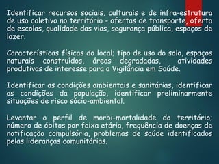 Identificar recursos sociais, culturais e de infra-estrutura
de uso coletivo no território - ofertas de transporte, oferta
de escolas, qualidade das vias, segurança pública, espaços de
lazer.
Características físicas do local; tipo de uso do solo, espaços
naturais construídos, áreas degradadas,
atividades
produtivas de interesse para a Vigilância em Saúde.
Identificar as condições ambientais e sanitárias, identificar
as condições da população, identificar preliminarmente
situações de risco sócio-ambiental.
Levantar o perfil de morbi-mortalidade do território;
número de óbitos por faixa etária, frequência de doenças de
notificação compulsória, problemas de saúde identificados
pelas lideranças comunitárias.

 