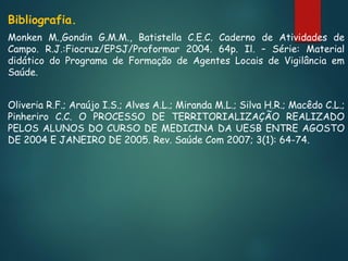 Bibliografia.
Monken M.,Gondin G.M.M., Batistella C.E.C. Caderno de Atividades de
Campo. R.J.:Fiocruz/EPSJ/Proformar 2004. 64p. Il. – Série: Material
didático do Programa de Formação de Agentes Locais de Vigilância em
Saúde.
Oliveria R.F.; Araújo I.S.; Alves A.L.; Miranda M.L.; Silva H.R.; Macêdo C.L.;
Pinheriro C.C. O PROCESSO DE TERRITORIALIZAÇÃO REALIZADO
PELOS ALUNOS DO CURSO DE MEDICINA DA UESB ENTRE AGOSTO
DE 2004 E JANEIRO DE 2005. Rev. Saúde Com 2007; 3(1): 64-74.

 