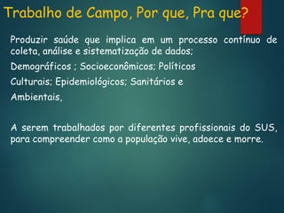 Trabalho de Campo, Por que, Pra que?
Produzir saúde que implica em um processo contínuo de
coleta, análise e sistematização de dados;

Demográficos ; Socioeconômicos; Políticos
Culturais; Epidemiológicos; Sanitários e
Ambientais,
A serem trabalhados por diferentes profissionais do SUS,
para compreender como a população vive, adoece e morre.

 