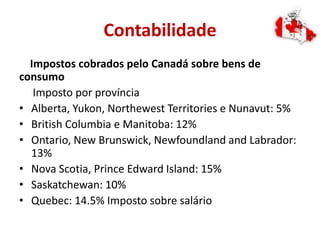 Contabilidade
Impostos cobrados pelo Canadá sobre bens de
consumo
Imposto por província
• Alberta, Yukon, Northewest Territories e Nunavut: 5%
• British Columbia e Manitoba: 12%
• Ontario, New Brunswick, Newfoundland and Labrador:
13%
• Nova Scotia, Prince Edward Island: 15%
• Saskatchewan: 10%
• Quebec: 14.5% Imposto sobre salário
 