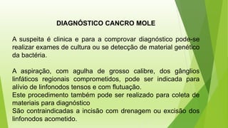 DIAGNÓSTICO CANCRO MOLE
A suspeita é clinica e para a comprovar diagnóstico pode-se
realizar exames de cultura ou se detecção de material genético
da bactéria.
A aspiração, com agulha de grosso calibre, dos gânglios
linfáticos regionais comprometidos, pode ser indicada para
alívio de linfonodos tensos e com flutuação.
Este procedimento também pode ser realizado para coleta de
materiais para diagnóstico
São contraindicadas a incisão com drenagem ou excisão dos
linfonodos acometido.
 