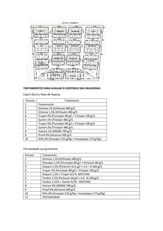 TRATAMENTOS PARA AVALIAR O CONTROLE DAS INVASORAS
Capim Duro e Rabo de Raposa
Parcela Tratamento
1 Testemunha
2 Glismax 1% (Glifosato 480 g/l)
3 Glismax 1,5% (Glifosato 480 g/l)
4 Truper 4% (Fluroxipir 80 g/l + Triclopir 240 g/l)
5 Garlon 1% (Triclopir 480 g/l)
6 Truper 5% (Fluroxipir 80 g/l + Triclopir 240 g/l)
7 Garlon 2% (Triclopir 480 g/l)
8 Vulcani 2% (MSMA 790 g/l)
9 Proof 4% (Atrazina 500 g/l)
10 Kifix 4% (Imazapir 525 g/Kg + Imazapique 175 g/Kg)
Fito toxidade nas gramíneas
Parcela Tratamento
1 Glismax 1,5% (Glifosato 480 g/l)
2 Planador 1,5% (Fluroxipir 80 g/l + Picloram 80 g/l)
3 Disparo 1,5% (Picloram 22,5 g/l + 2,4 – D 360 g/l)
4 Truper 5% (Fluroxipir 80 g/l + Triclopir 240 g/l)
5 Disparo 1,5% + Truper 0,5 % MISTURA
6 Tordon 2,5% (Picloram 64 g/l + 2,4 –D 240 g/l)
7 Tordon 1,25% + Garlon 0,5% MISTURA
8 Vulcani 2% (MSMA 790 g/l)
9 Proof 4% (Atrazina 500 g/l)
10 Kifix 4% (Imazapir 525 g/Kg + Imazapique 175 g/Kg)
11 TESTEMUNHA
 