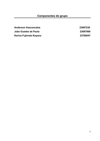 4
Componentes do grupo
Anderson Vasconcelos 23697230
João Guedes de Paula 23697990
Karina Fujimoto Kayano 23700047
 