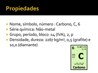  Nome, símbolo, número : Carbono, C, 6 
 Série química: Não-metal 
 Grupo, período, bloco :14 (IVA), 2, p 
 Densidade, dureza: 2267 kg/m3, 0,5 (grafite) e 
10,0 (diamante) 
 