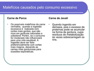 Malefícios causados pelo consumo excessivo Carne de Porco Os possíveis malefícios da carne vermelha,  quando a ingestão excessiva é  realizada com cortes mais gordos, que são ricos em gorduras saturadas e colesterol. Porém, se o consumo for moderado não influenciará para uma vida saudável. A ingestão deve ser feita preferencialmente com cortes mais magros, deixando as carnes mais gordurosas para ocasiões esporádicas. Carne de Javali Quando ingerido em demasia, pois o excesso de proteínas pode se acumular na forma de gordura, cujos resíduos de metabolização às vezes sobrecarregam os rins. 