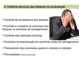 5. Critérios técnicos que faltaram na contratação
Controle da temperatura dos tanques;
Controle e cuidados no manuseio dos
tanques no processo de carregamento;
Controle das restrições técnicas;
Cuidados na esterilização do caminhão antes do carregamento;
Treinamento dos motoristas quanto à conduta no trânsito;
Pontualidade (produto perecível).
 