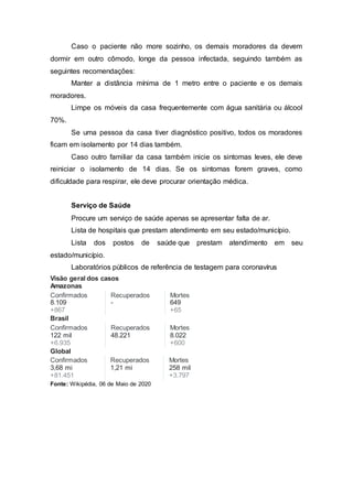 Caso o paciente não more sozinho, os demais moradores da devem
dormir em outro cômodo, longe da pessoa infectada, seguindo também as
seguintes recomendações:
Manter a distância mínima de 1 metro entre o paciente e os demais
moradores.
Limpe os móveis da casa frequentemente com água sanitária ou álcool
70%.
Se uma pessoa da casa tiver diagnóstico positivo, todos os moradores
ficam em isolamento por 14 dias também.
Caso outro familiar da casa também inicie os sintomas leves, ele deve
reiniciar o isolamento de 14 dias. Se os sintomas forem graves, como
dificuldade para respirar, ele deve procurar orientação médica.
Serviço de Saúde
Procure um serviço de saúde apenas se apresentar falta de ar.
Lista de hospitais que prestam atendimento em seu estado/município.
Lista dos postos de saúde que prestam atendimento em seu
estado/município.
Laboratórios públicos de referência de testagem para coronavírus
Visão geral dos casos
Amazonas
Confirmados
8.109
+867
Recuperados
-
Mortes
649
+65
Brasil
Confirmados
122 mil
+6.935
Recuperados
48.221
Mortes
8.022
+600
Global
Confirmados
3,68 mi
+81.451
Recuperados
1,21 mi
Mortes
258 mil
+3.797
Fonte: Wikipédia, 06 de Maio de 2020
 