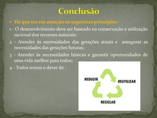  Há que ter em atenção os seguintes princípios:
1 - O desenvolvimento deve ser baseado na conservação e utilização
   racional dos recursos naturais;
2 - Atender às necessidades das gerações atuais e assegurar as
   necessidades das gerações futuras;
3 - Atender às necessidades básicas e garantir oportunidades de
   uma vida melhor para todos;
4 - Todos temos o dever de :
 