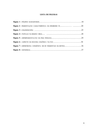9
LISTA DE FIGURAS
Figura 1 – PÓLIPOS HAMARTOSOS.............................................................................................................18
Figura 2 – PIGMENTAÇÃO CARACTERÍSTICA DA SÍNDROME PJ................................ .......................20
Figura 3 – COLONOSCOPIA ..........................................................................................................................25
Figura 4 – PÁPULAS NA REGIÃO ORAL........ ...........................................................................................28
Figura 5 – HIPERPIGMENTACÃO DA PELE PENIANA.............................................................................29
Figura 6 – ASPECTO DA MUCOSA COLÔNICA NA PAF.........................................................................34
Figura 7 – HIPERTROFIA CONGÊNITA DO EP. PIGMENTAR DA RETINA...........................................36
Figura 8 – OSTEOMAS....................................................................................................................................37
 