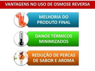 VANTAGENS NO USO DE OSMOSE REVERSA
MELHORIA DO
PRODUTO FINAL
DANOS TÉRMICOS
MINIMIZADOS
REDUÇÃO DE PERCAS
DE SABOR E AROMA
 