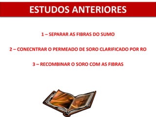 1 – SEPARAR AS FIBRAS DO SUMO
2 – CONECNTRAR O PERMEADO DE SORO CLARIFICADO POR RO
3 – RECOMBINAR O SORO COM AS FIBRAS
ESTUDOS ANTERIORES
 