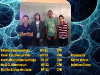 Mikael Santana Mota Nº 31 2ºB
Kauê Ferreira do Vale Nº 23 2ºB Professora
Lucas de Oliveira Santiago Nº 28 2ºB Maria Teresa
Davi G. Bittencourt Nº 12 2ºB Iannaco Greco
Danilo Santos de Jesus Nº 11 2ºB
 