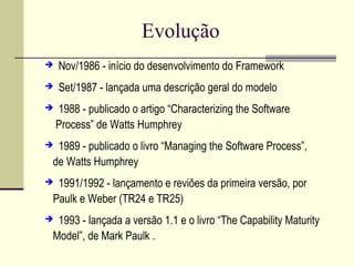 Evolução 
 Nov/1986 - início do desenvolvimento do Framework 
 Set/1987 - lançada uma descrição geral do modelo 
 1988 - publicado o artigo “Characterizing the Software 
Process” de Watts Humphrey 
 1989 - publicado o livro “Managing the Software Process”, 
de Watts Humphrey 
 1991/1992 - lançamento e reviões da primeira versão, por 
Paulk e Weber (TR24 e TR25) 
 1993 - lançada a versão 1.1 e o livro “The Capability Maturity 
Model”, de Mark Paulk . 
 
