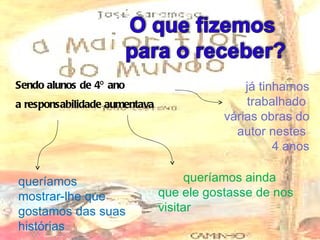 Sendo alunos de 4º ano a responsabilidade aumentava já tinhamos trabalhado  várias obras do  autor nestes  4 anos queríamos  mostrar-lhe que gostamos das suas  histórias queríamos ainda que ele gostasse de nos visitar 