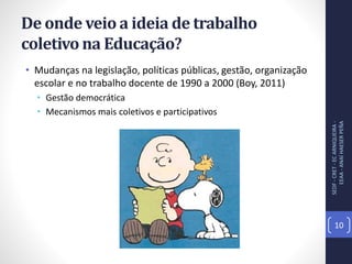 De onde veio a ideia de trabalho
coletivo na Educação?
• Mudanças na legislação, políticas públicas, gestão, organização
escolar e no trabalho docente de 1990 a 2000 (Boy, 2011)
• Gestão democrática
• Mecanismos mais coletivos e participativos
SEDF-CRET-ECARNIQUEIRA-
EEAA-ANAÍHAESERPEÑA
10
 