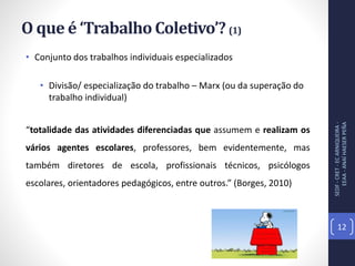 O que é ‘Trabalho Coletivo’? (1)
• Conjunto dos trabalhos individuais especializados
• Divisão/ especialização do trabalho – Marx (ou da superação do
trabalho individual)
“totalidade das atividades diferenciadas que assumem e realizam os
vários agentes escolares, professores, bem evidentemente, mas
também diretores de escola, profissionais técnicos, psicólogos
escolares, orientadores pedagógicos, entre outros.” (Borges, 2010)
SEDF-CRET-ECARNIQUEIRA-
EEAA-ANAÍHAESERPEÑA
12
 