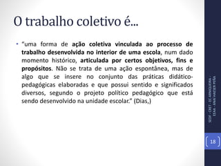 O trabalho coletivo é...
• “uma forma de ação coletiva vinculada ao processo de
trabalho desenvolvida no interior de uma escola, num dado
momento histórico, articulada por certos objetivos, fins e
propósitos. Não se trata de uma ação espontânea, mas de
algo que se insere no conjunto das práticas didático-
pedagógicas elaboradas e que possui sentido e significados
diversos, segundo o projeto político pedagógico que está
sendo desenvolvido na unidade escolar.” (Dias,)
SEDF-CRET-ECARNIQUEIRA-
EEAA-ANAÍHAESERPEÑA
18
 