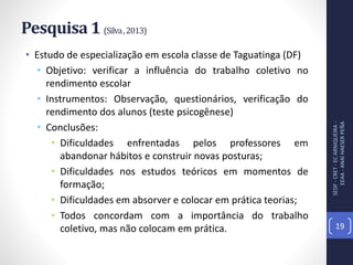 Pesquisa 1 (Silva,2013)
• Estudo de especialização em escola classe de Taguatinga (DF)
• Objetivo: verificar a influência do trabalho coletivo no
rendimento escolar
• Instrumentos: Observação, questionários, verificação do
rendimento dos alunos (teste psicogênese)
• Conclusões:
• Dificuldades enfrentadas pelos professores em
abandonar hábitos e construir novas posturas;
• Dificuldades nos estudos teóricos em momentos de
formação;
• Dificuldades em absorver e colocar em prática teorias;
• Todos concordam com a importância do trabalho
coletivo, mas não colocam em prática.
SEDF-CRET-ECARNIQUEIRA-
EEAA-ANAÍHAESERPEÑA
19
 