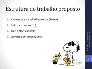 Estrutura do trabalho proposto
1. Elementos para reflexões iniciais (20min)
2. Substrato teórico (1h)
3. Ode à Alegria (10min)
4. Atividade em grupo (30min)
SEDF-CRET-ECARNIQUEIRA-
EEAA-ANAÍHAESERPEÑA
2
 