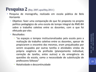 Pesquisa 2 (Boy, 2007,apudBoy,2011)
• Pesquisa de monografia, realizada em escola pública de Belo
Horizonte
• Objetivo: fazer uma comparação do que foi proposto no projeto
político pedagógico de uma escola de tempo integral da RME-BH
sobre o trabalho coletivo entre os docentes, com o que foi
efetuado por eles
• Resultados:
• “os espaços e tempos institucionalizados pela escola para a
realização do trabalho coletivo entre os docentes, apesar de
propiciarem o encontro dos mesmos, eram prejudicados por
serem ocupados por outras tarefas e atividades vindas da
própria exigência da profissão (planejamento individual,
correção de tarefas, entre outras) e da emergência de
questões da escola, como a necessidade de substituição de
professores faltosos”
• Rotatividade e descontinuidade
SEDF-CRET-ECARNIQUEIRA-
EEAA-ANAÍHAESERPEÑA
20
 
