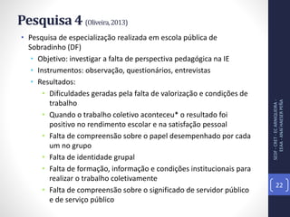 Pesquisa 4 (Oliveira,2013)
• Pesquisa de especialização realizada em escola pública de
Sobradinho (DF)
• Objetivo: investigar a falta de perspectiva pedagógica na IE
• Instrumentos: observação, questionários, entrevistas
• Resultados:
• Dificuldades geradas pela falta de valorização e condições de
trabalho
• Quando o trabalho coletivo aconteceu* o resultado foi
positivo no rendimento escolar e na satisfação pessoal
• Falta de compreensão sobre o papel desempenhado por cada
um no grupo
• Falta de identidade grupal
• Falta de formação, informação e condições institucionais para
realizar o trabalho coletivamente
• Falta de compreensão sobre o significado de servidor público
e de serviço público
SEDF-CRET-ECARNIQUEIRA-
EEAA-ANAÍHAESERPEÑA
22
 