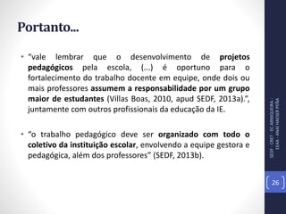 Portanto...
• “vale lembrar que o desenvolvimento de projetos
pedagógicos pela escola, (...) é oportuno para o
fortalecimento do trabalho docente em equipe, onde dois ou
mais professores assumem a responsabilidade por um grupo
maior de estudantes (Villas Boas, 2010, apud SEDF, 2013a).”,
juntamente com outros profissionais da educação da IE.
• “o trabalho pedagógico deve ser organizado com todo o
coletivo da instituição escolar, envolvendo a equipe gestora e
pedagógica, além dos professores” (SEDF, 2013b).
SEDF-CRET-ECARNIQUEIRA-
EEAA-ANAÍHAESERPEÑA
26
 