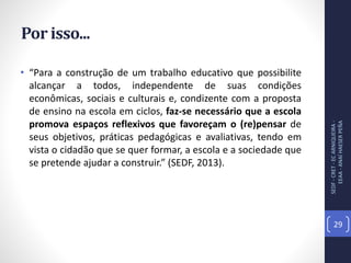 Por isso...
• “Para a construção de um trabalho educativo que possibilite
alcançar a todos, independente de suas condições
econômicas, sociais e culturais e, condizente com a proposta
de ensino na escola em ciclos, faz-se necessário que a escola
promova espaços reflexivos que favoreçam o (re)pensar de
seus objetivos, práticas pedagógicas e avaliativas, tendo em
vista o cidadão que se quer formar, a escola e a sociedade que
se pretende ajudar a construir.” (SEDF, 2013).
SEDF-CRET-ECARNIQUEIRA-
EEAA-ANAÍHAESERPEÑA
29
 
