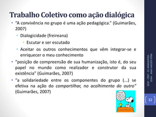 Trabalho Coletivo como ação dialógica
• “A convivência no grupo é uma ação pedagógica.” (Guimarães,
2007)
• Dialogicidade (freireana)
• Escutar e ser escutado
• Aceitar os outros conhecimentos que vêm integrar-se e
enriquecer o meu conhecimento
• “posição de compreensão de sua humanização, isto é, do seu
papel no mundo como realizador e construtor da sua
existência” (Guimarães, 2007)
• “a solidariedade entre os componentes do grupo (...) se
efetiva na ação do compartilhar, no acolhimento do outro”
(Guimarães, 2007)
SEDF-CRET-ECARNIQUEIRA-
EEAA-ANAÍHAESERPEÑA
32
 