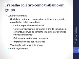Trabalho coletivo como trabalho em
grupo
• Cultura colaborativa
• Qualidades, atitudes e valores transmitidos e vivenciados
nas relações entre educadores
• Caráter espontâneo e voluntário
• “professores discutem as tarefas e fins do trabalho em
conjunto, ao invés de somente implementar objetivos
vindos de terceiros”
• Onipresente no tempo e no espaço
• Imprevisibilidade dos resultados
• Valorização individual e do grupo
• Confiança coletiva
SEDF-CRET-ECARNIQUEIRA-
EEAA-ANAÍHAESERPEÑA
33
 