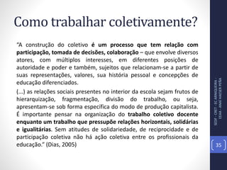 Como trabalhar coletivamente?
“A construção do coletivo é um processo que tem relação com
participação, tomada de decisões, colaboração – que envolve diversos
atores, com múltiplos interesses, em diferentes posições de
autoridade e poder e também, sujeitos que relacionam-se a partir de
suas representações, valores, sua história pessoal e concepções de
educação diferenciados.
(...) as relações sociais presentes no interior da escola sejam frutos de
hierarquização, fragmentação, divisão do trabalho, ou seja,
apresentam-se sob forma específica do modo de produção capitalista.
É importante pensar na organização do trabalho coletivo docente
enquanto um trabalho que pressupõe relações horizontais, solidárias
e igualitárias. Sem atitudes de solidariedade, de reciprocidade e de
participação coletiva não há ação coletiva entre os profissionais da
educação.” (Dias, 2005)
SEDF-CRET-ECARNIQUEIRA-
EEAA-ANAÍHAESERPEÑA
35
 