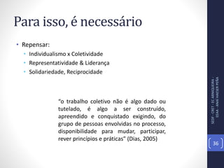 Para isso, é necessário
• Repensar:
• Individualismo x Coletividade
• Representatividade & Liderança
• Solidariedade, Reciprocidade
SEDF-CRET-ECARNIQUEIRA-
EEAA-ANAÍHAESERPEÑA
36
“o trabalho coletivo não é algo dado ou
tutelado, é algo a ser construído,
apreendido e conquistado exigindo, do
grupo de pessoas envolvidas no processo,
disponibilidade para mudar, participar,
rever princípios e práticas” (Dias, 2005)
 