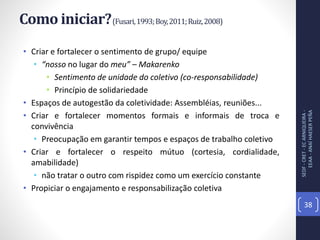 Como iniciar?(Fusari,1993;Boy,2011;Ruiz,2008)
• Criar e fortalecer o sentimento de grupo/ equipe
• “nosso no lugar do meu” – Makarenko
• Sentimento de unidade do coletivo (co-responsabilidade)
• Princípio de solidariedade
• Espaços de autogestão da coletividade: Assembléias, reuniões...
• Criar e fortalecer momentos formais e informais de troca e
convivência
• Preocupação em garantir tempos e espaços de trabalho coletivo
• Criar e fortalecer o respeito mútuo (cortesia, cordialidade,
amabilidade)
• não tratar o outro com rispidez como um exercício constante
• Propiciar o engajamento e responsabilização coletiva
SEDF-CRET-ECARNIQUEIRA-
EEAA-ANAÍHAESERPEÑA
38
 