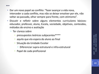...
• Dar um novo papel ao conflito: “fazer avançar a vida nova,
interceder a cada conflito, mas não se deixar envolver por ele, não
voltar ao passado, olhar sempre para frente, com otimismo”.
• Discutir e refletir sobre alguns elementos curriculares básicos:
educador, professor, aluno, Escola, sociedade, objetivos, conteúdos,
métodos de ensino e avaliação
• Ter clareza sobre
• pressupostos teóricos subjacentes****
• aquilo que ela espera do aluno ao final
• Situação da Unidade Escolar
• Diferenciar supra-estrutural e infra-estrutural
• Papel de cada profissional
SEDF-CRET-ECARNIQUEIRA-
EEAA-ANAÍHAESERPEÑA
40
 