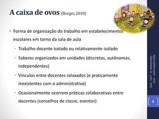 A caixa de ovos (Borges,2010)
• Forma de organização do trabalho em estabelecimentos
escolares em torno da sala de aula
• Trabalho docente isolado ou relativamente isolado
• Saberes organizados em unidades (discretas, autônomas,
independentes)
• Vínculos entre docentes relaxados (e praticamente
inexistentes com o administrativo)
• Ocasionalmente ocorrem práticas colaborativas entre
docentes (conselhos de classe, eventos)
SEDF-CRET-ECARNIQUEIRA-
EEAA-ANAÍHAESERPEÑA
8
 