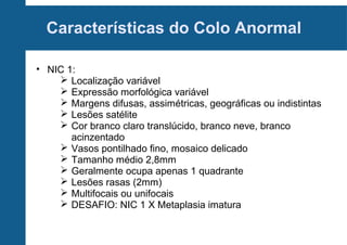 Características do Colo Anormal
• NIC 1:
 Localização variável
 Expressão morfológica variável
 Margens difusas, assimétricas, geográficas ou indistintas
 Lesões satélite
 Cor branco claro translúcido, branco neve, branco
acinzentado
 Vasos pontilhado fino, mosaico delicado
 Tamanho médio 2,8mm
 Geralmente ocupa apenas 1 quadrante
 Lesões rasas (2mm)
 Multifocais ou unifocais
 DESAFIO: NIC 1 X Metaplasia imatura
 