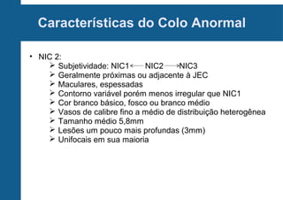 Características do Colo Anormal
• NIC 2:
 Subjetividade: NIC1 NIC2 NIC3
 Geralmente próximas ou adjacente à JEC
 Maculares, espessadas
 Contorno variável porém menos irregular que NIC1
 Cor branco básico, fosco ou branco médio
 Vasos de calibre fino a médio de distribuição heterogênea
 Tamanho médio 5,8mm
 Lesões um pouco mais profundas (3mm)
 Unifocais em sua maioria
 