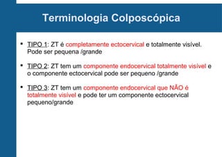 Terminologia Colposcópica
 TIPO 1: ZT é completamente ectocervical e totalmente visível.
Pode ser pequena /grande
 TIPO 2: ZT tem um componente endocervical totalmente visível e
o componente ectocervical pode ser pequeno /grande
 TIPO 3: ZT tem um componente endocervical que NÃO é
totalmente visível e pode ter um componente ectocervical
pequeno/grande
 