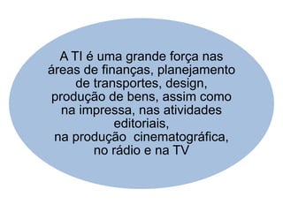 A TI é uma grande força nas
áreas de finanças, planejamento
de transportes, design,
produção de bens, assim como
na impressa, nas atividades
editoriais,
na produção cinematográfica,
no rádio e na TV
 