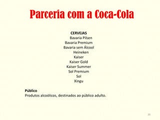 Parceria com a Coca-Cola
                            CERVEJAS
                           Bavaria Pilsen
                        Bavaria Premium
                       Bavaria sem Álcool
                             Heineken
                              Kaiser
                           Kaiser Gold
                         Kaiser Summer
                          Sol Premium
                               Sol
                              Xingu

Público
Produtos alcoólicos, destinados ao público adulto.



                                                     20
 