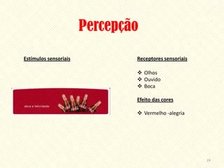 Percepção
Estímulos sensoriais           Receptores sensoriais

                                Olhos
                                Ouvido
                                Boca

                               Efeito das cores

                                Vermelho -alegria




                                                       24
 