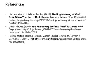• Hansen Morten e Keltner Dacher (2012). Finding Meaning at Work,
Even When Your Job Is Dull. Harvard Business Review Blog. Dísponivel
online: http://blogs.hbr.org/2012/12/finding-meaning-at-work-even-w/
no dia 18/10/2013.
• Umair Haque. (2009). The Value Every Business Needs to Create Now.
Dísponivel: http://blogs.hbr.org/2009/07/the-value-every-business-
needs/. no dia 19/10/2013.
• Pereira Milton, Trajano Elcio Jr., Moraes Eluard, Silvério M., Cires P. e
Carmona T. (2011). Trabalho com significado. Qualitymark Editora Ltda.
Rio de Janeiro.
 