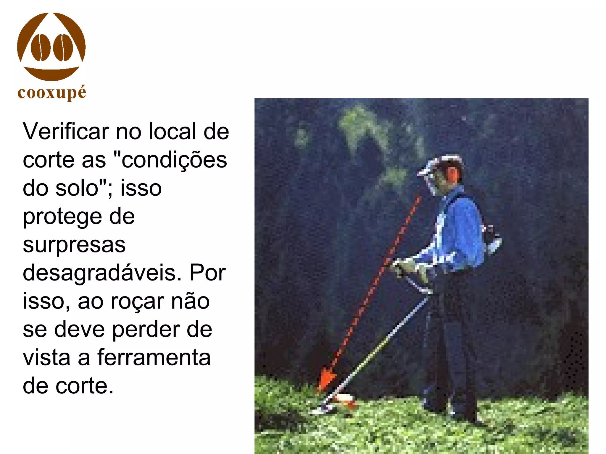Verificar no local de
corte as "condições
do solo"; isso
protege de
surpresas
desagradáveis. Por
isso, ao roçar não
se deve perder de
vista a ferramenta
de corte.
 