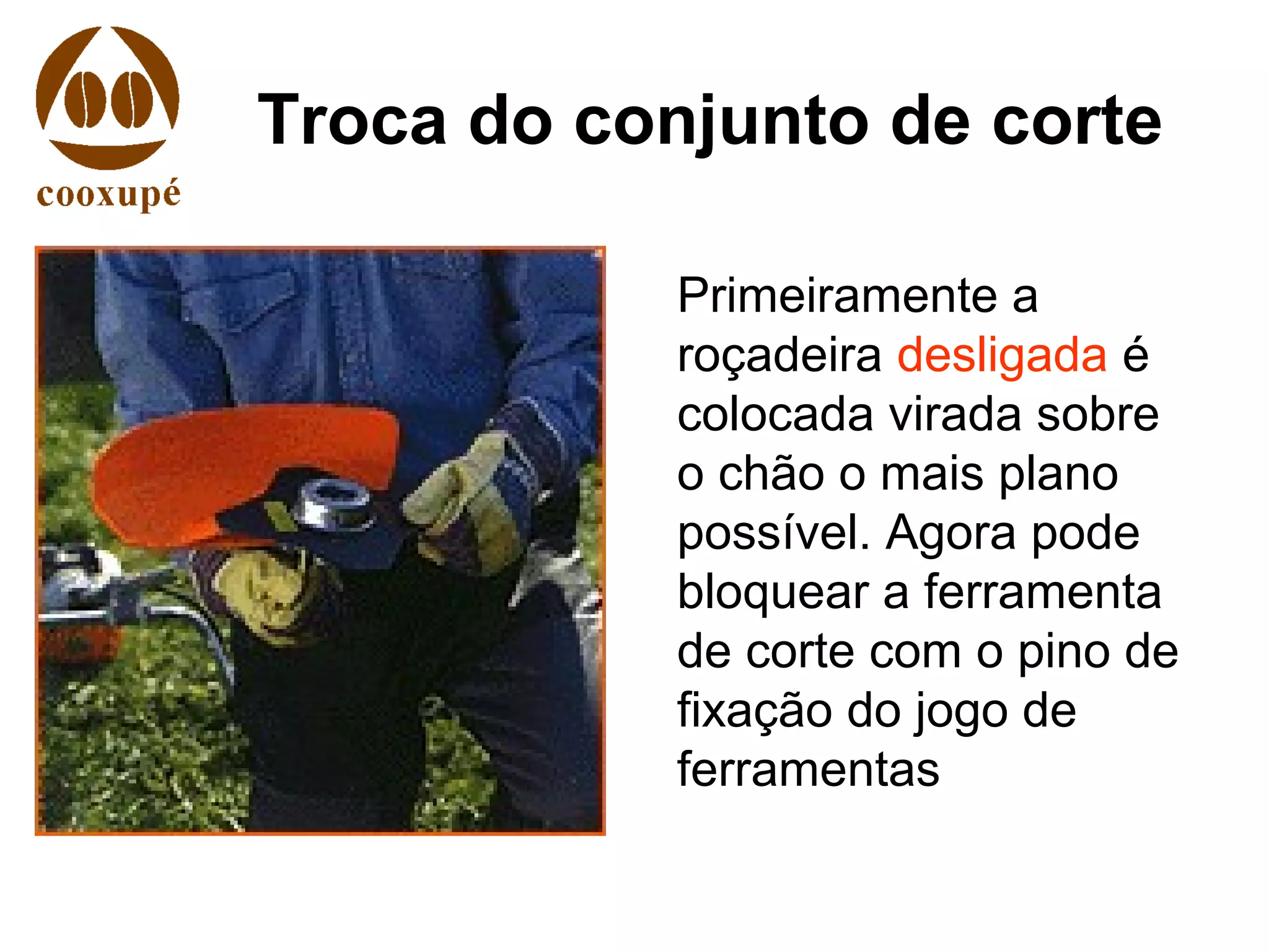 Troca do conjunto de corte
Primeiramente a
roçadeira desligada é
colocada virada sobre
o chão o mais plano
possível. Agora pode
bloquear a ferramenta
de corte com o pino de
fixação do jogo de
ferramentas
 