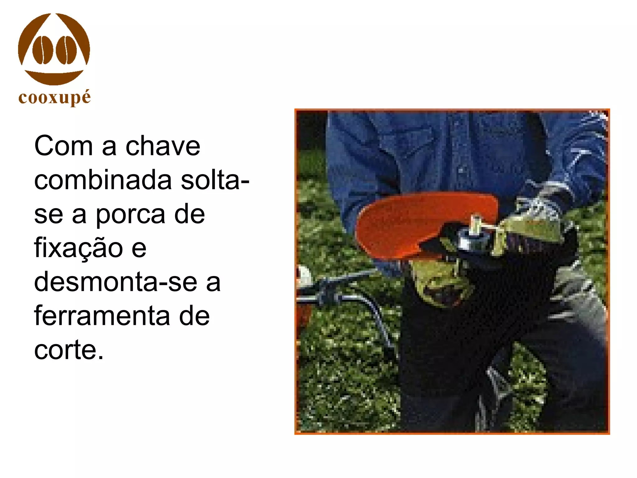 Com a chave
combinada solta-
se a porca de
fixação e
desmonta-se a
ferramenta de
corte.
 