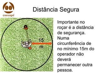 Distância Segura
Importante no
roçar é a distância
de segurança.
Numa
circunferência de
no mínimo 15m do
operador não
deverá
permanecer outra
pessoa.
 