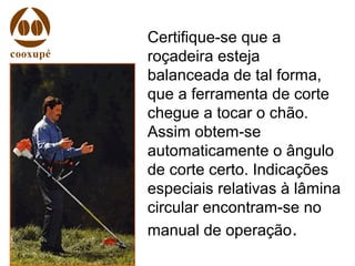 Certifique-se que a
roçadeira esteja
balanceada de tal forma,
que a ferramenta de corte
chegue a tocar o chão.
Assim obtem-se
automaticamente o ângulo
de corte certo. Indicações
especiais relativas à lâmina
circular encontram-se no
manual de operação.
 